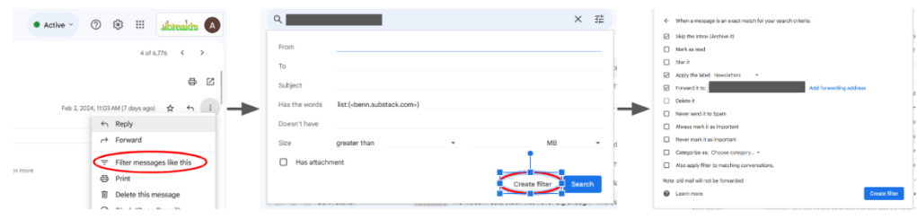 Instructions on how to set up mail forwarding and inbox skipping for newslettes