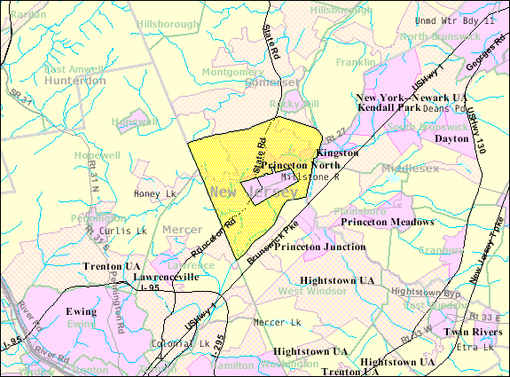 Census map of the former municipality of Princeton Township, showing how it completely surrounded Princeton Borough.