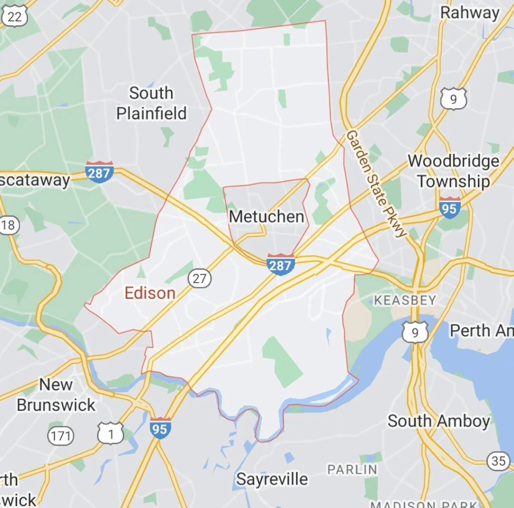 Screenshot of Google Maps centered on Metuchen, NJ, showing how it is completely surrounded by Edison, NJ.