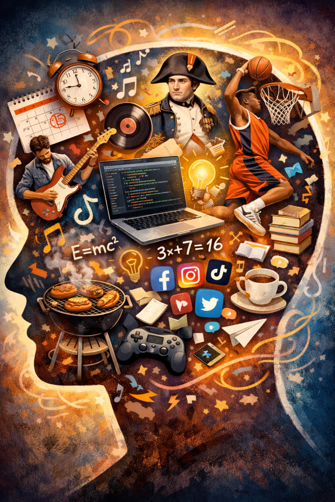 The silhouette of a head, crammed full of images representing an overwhelming number of ideas competing